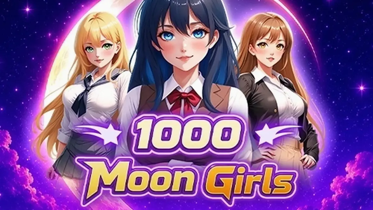Isang masining na representasyon ng 1000 Moon Girls slot game na may pitong reels.