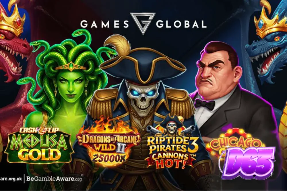 Isang makulay na collage ng mga bagong slot games mula sa Games Global kabilang ang Riptide Pirates 3.